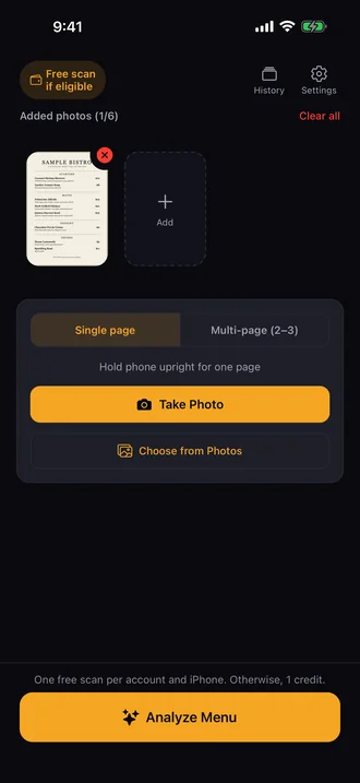 MenuVision's scan screen with one menu photo added and buttons to take a photo or analyze the menu.