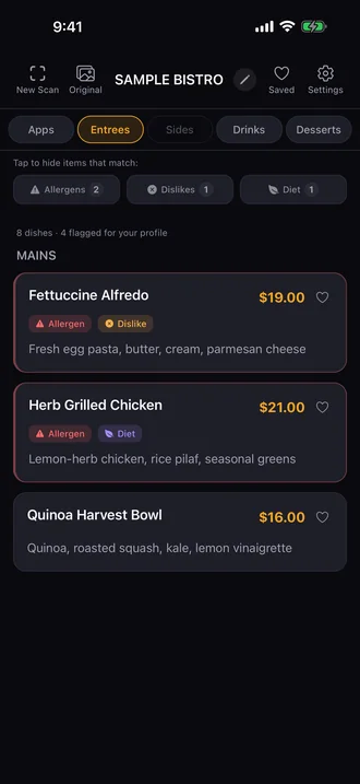 A rebuilt fictional menu with allergen, dislike and diet tags on the entrees.