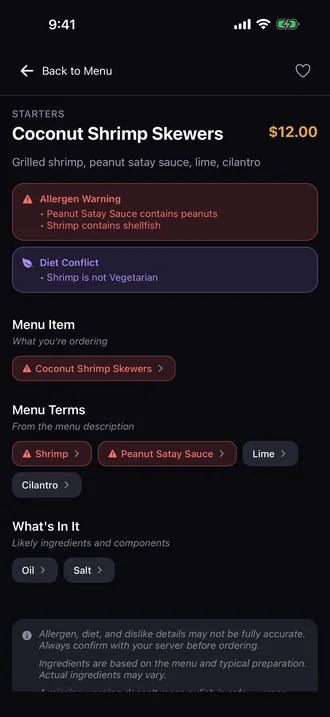 A fictional dish, Coconut Shrimp Skewers, with an allergen warning, a diet conflict, menu terms and likely ingredients.