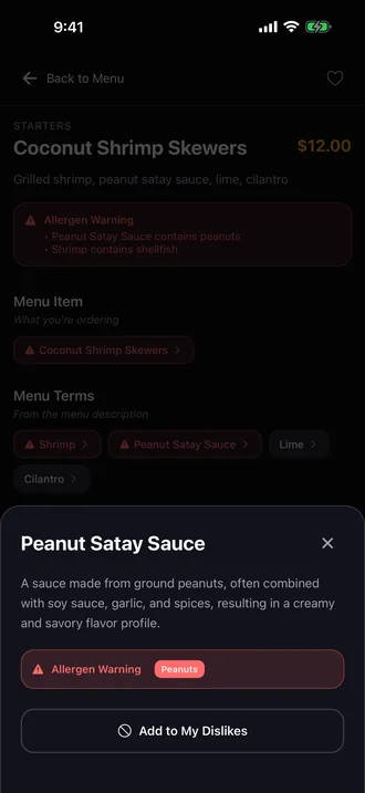 A plain-English explanation of peanut satay sauce, with an allergen tag and an option to add it to dislikes.