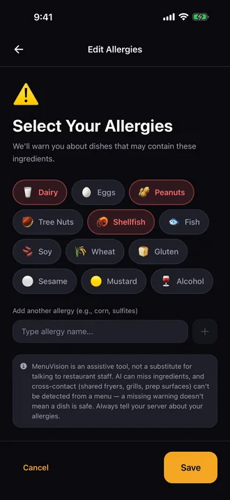 MenuVision's allergy screen, with dairy, peanuts and shellfish selected on a fictional profile.