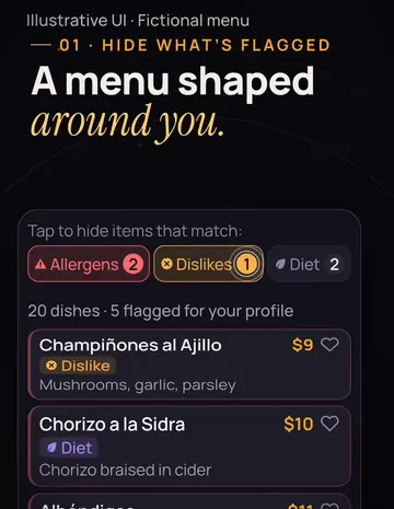Filters for allergens, dislikes and diet on a fictional menu, with flagged dishes tagged.