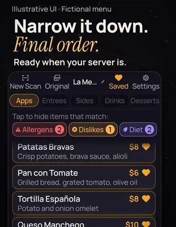 The Saved tab on a fictional tapas menu, with the hearted small plates listed under the headline Narrow it down. Final order.