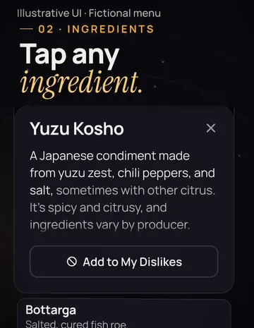 A plain-English explanation of yuzu kosho on a fictional tasting menu, with bottarga and sunchoke listed below.