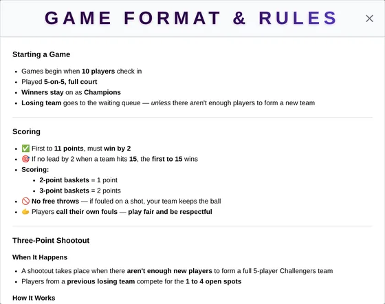 The app's Game Format and Rules screen: starting a game, scoring, and the three-point shootout.